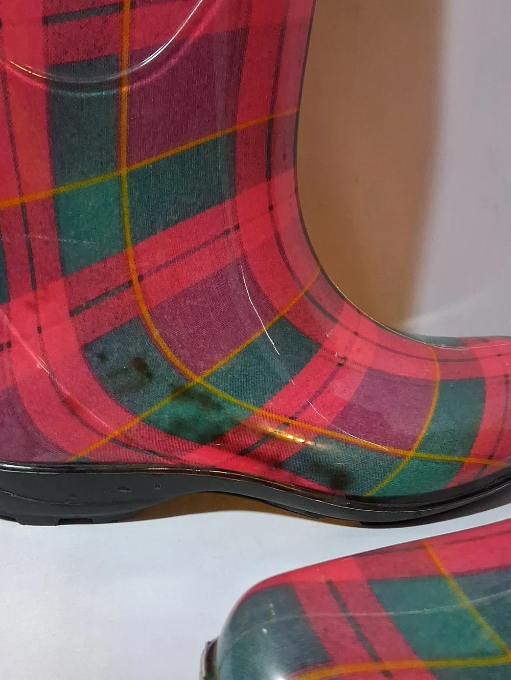 Plaid rain or garden boots, size 9